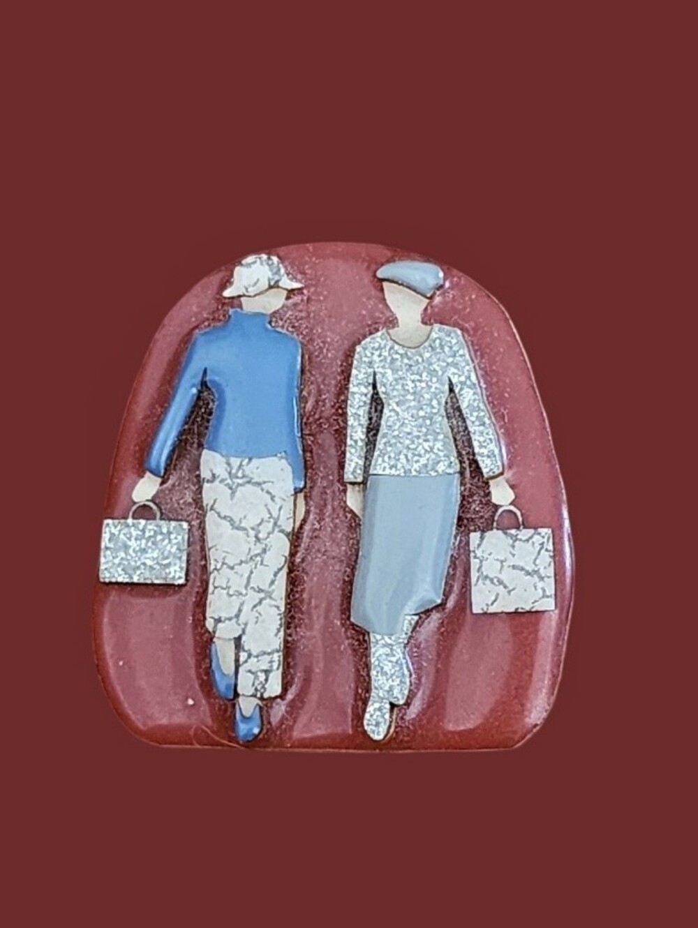 Vintage Enamel Fashionistas Brooch - Blue, White, Gray